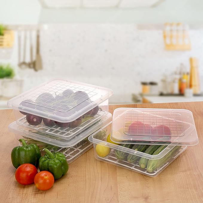 Stackable 2500ml Fridge Storage Boxes – Pack of 3 with Drain Plate & Lid