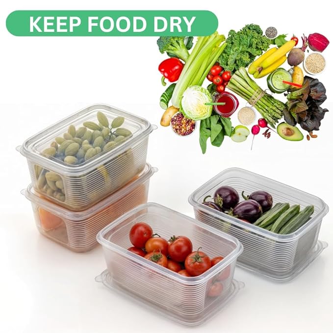 ROVEXA 4 PCS Fridge Organizer Containers | Stackable BPA-Free Food Storage Boxes for Vegetables, Fruits & Pantry