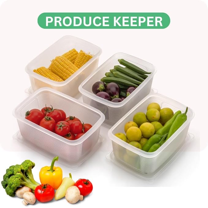 ROVEXA 4 PCS Fridge Organizer Containers | Stackable BPA-Free Food Storage Boxes for Vegetables, Fruits & Pantry