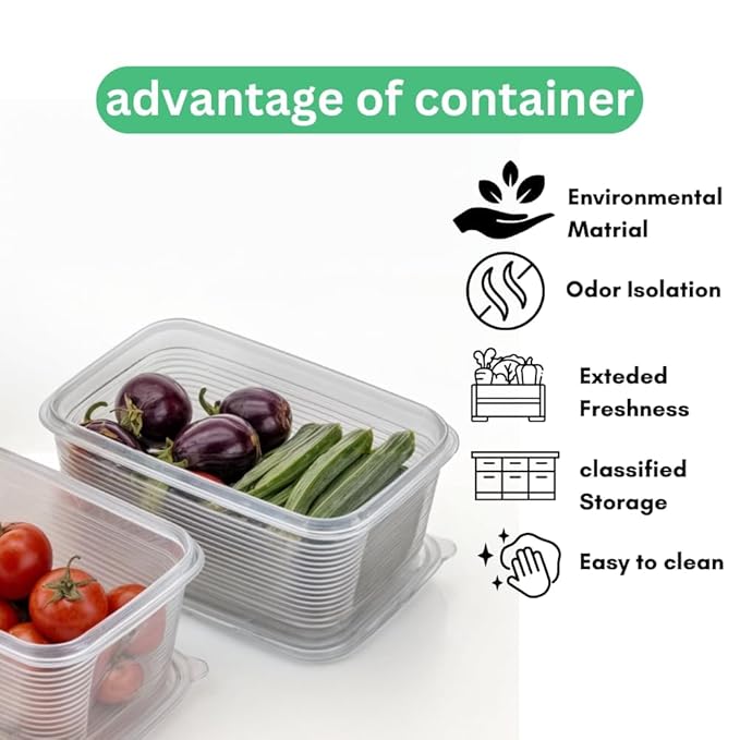 ROVEXA 4 PCS Fridge Organizer Containers | Stackable BPA-Free Food Storage Boxes for Vegetables, Fruits & Pantry