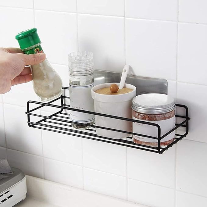 Multipurpose Rectangular Bathroom Shelf (Black, Metal Steel)