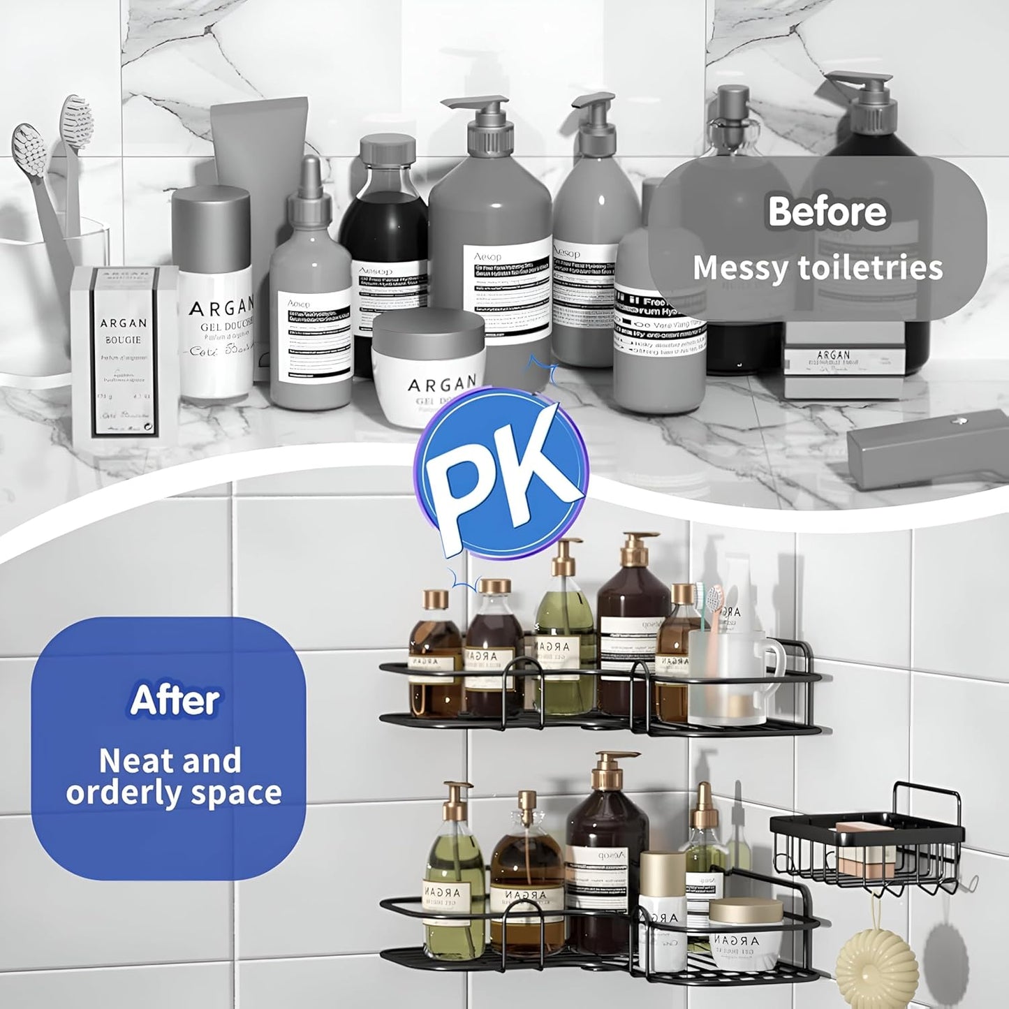 3-in-1 Stainless Steel Corner Bathroom Shelf (Black, No-Drill)