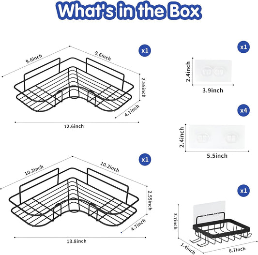 3-in-1 Stainless Steel Corner Bathroom Shelf (Black, No-Drill)
