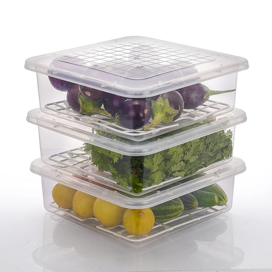 Stackable 2500ml Fridge Storage Boxes – Pack of 3 with Drain Plate & Lid