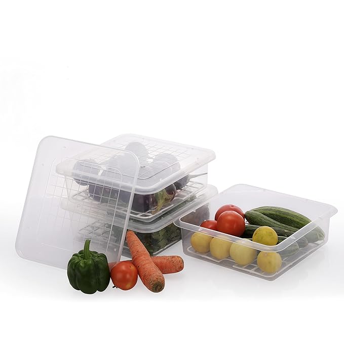 Stackable 2500ml Fridge Storage Boxes – Pack of 3 with Drain Plate & Lid